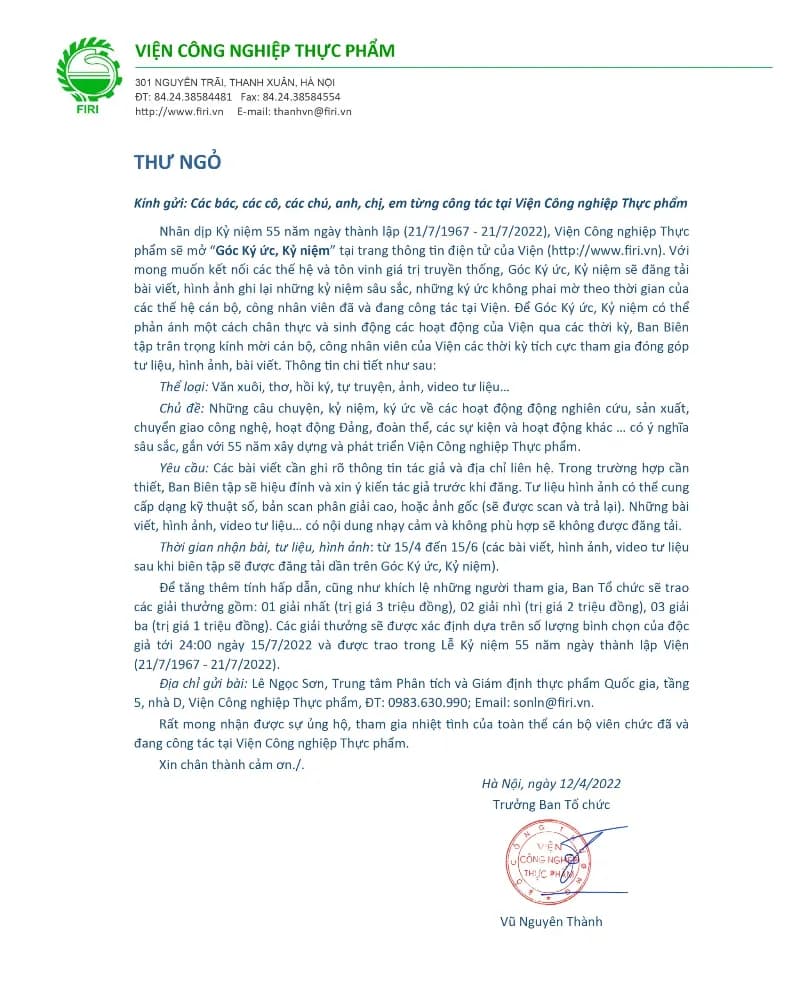 Góc Ký Ức, Kỷ Niệm – Chào Mừng 55 Năm Ngày Thành Lập Viện Công Nghiệp Thực Phẩm